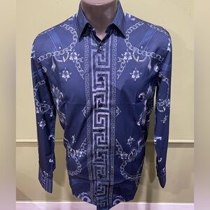 Deniko shirt button front blue rhinestones floral